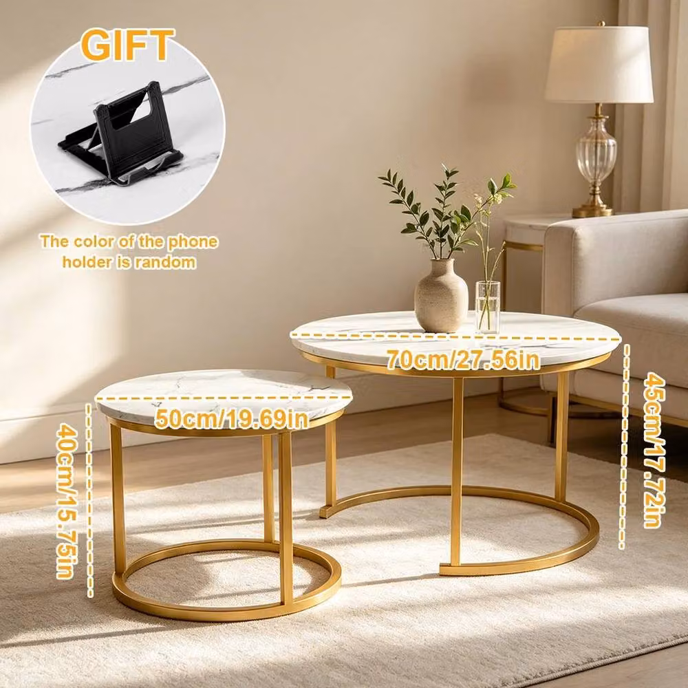 EONLION Set of 2 Round White and Gold Nesting Coffee Tables with Marble Tops – 2