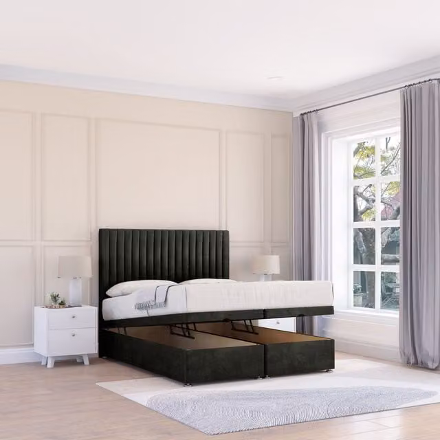 Sloomy Manhattan Dumfries Double Fabric Ottoman Bed in Black with Hybrid Memory Mattress and 26 Inch Strut Headboard, W/D/H: 140 x 200 cm