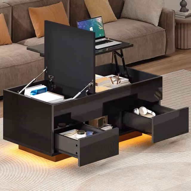 Aosom UK Black High-Gloss Lift-Top Coffee Table with App-Controlled RGB LED Lights and Hidden Compartment, W: 100 cm, D: 45 cm, H: 43 cm – 1
