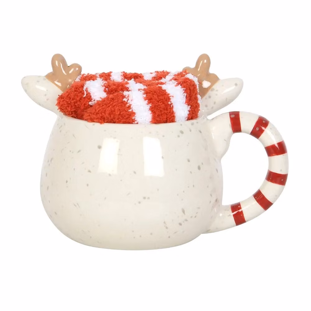 Something Different Rudolph Reindeer Ceramic Mug and Striped Sock Set in White