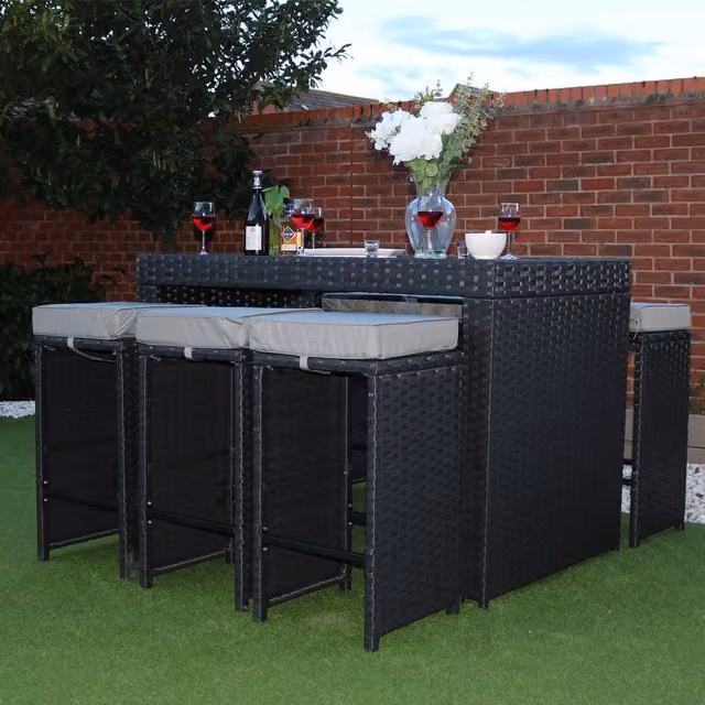 ETON Modern Rattan 6 Seater Bar Table and Stool Set with Rain Cover, Black, H 147 x W 97 x D 83 cm