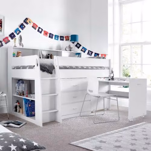 Bedmaster Ersa Mid Sleeper Storage Bed with Desk and Mattress for Kids in White or Grey, W/D/H: 190 x 90 x 140.7 cm