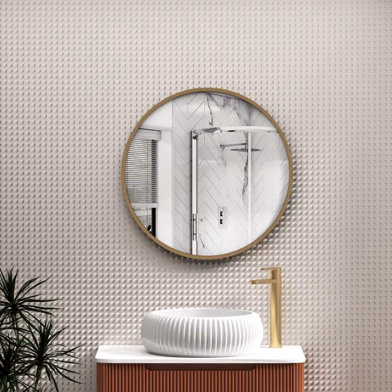 Royal Bathrooms Elmore Round Minimalist Bathroom Mirror with Brushed Brass Aluminum Frame, Diameter: 60 cm