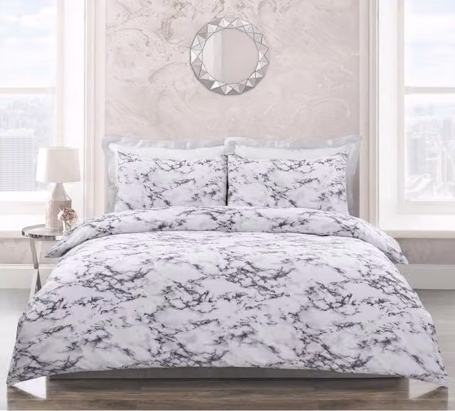 Velosso Grey and White Marble Print Polycotton Duvet Cover and Pillowcase Set