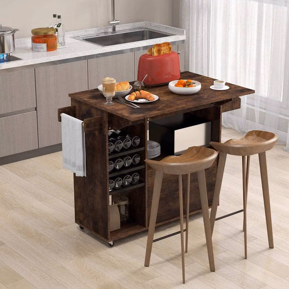 Hinsinc Drop Leaf Kitchen Island Cart Mobile Buffet Serving Cart in Brown – 6