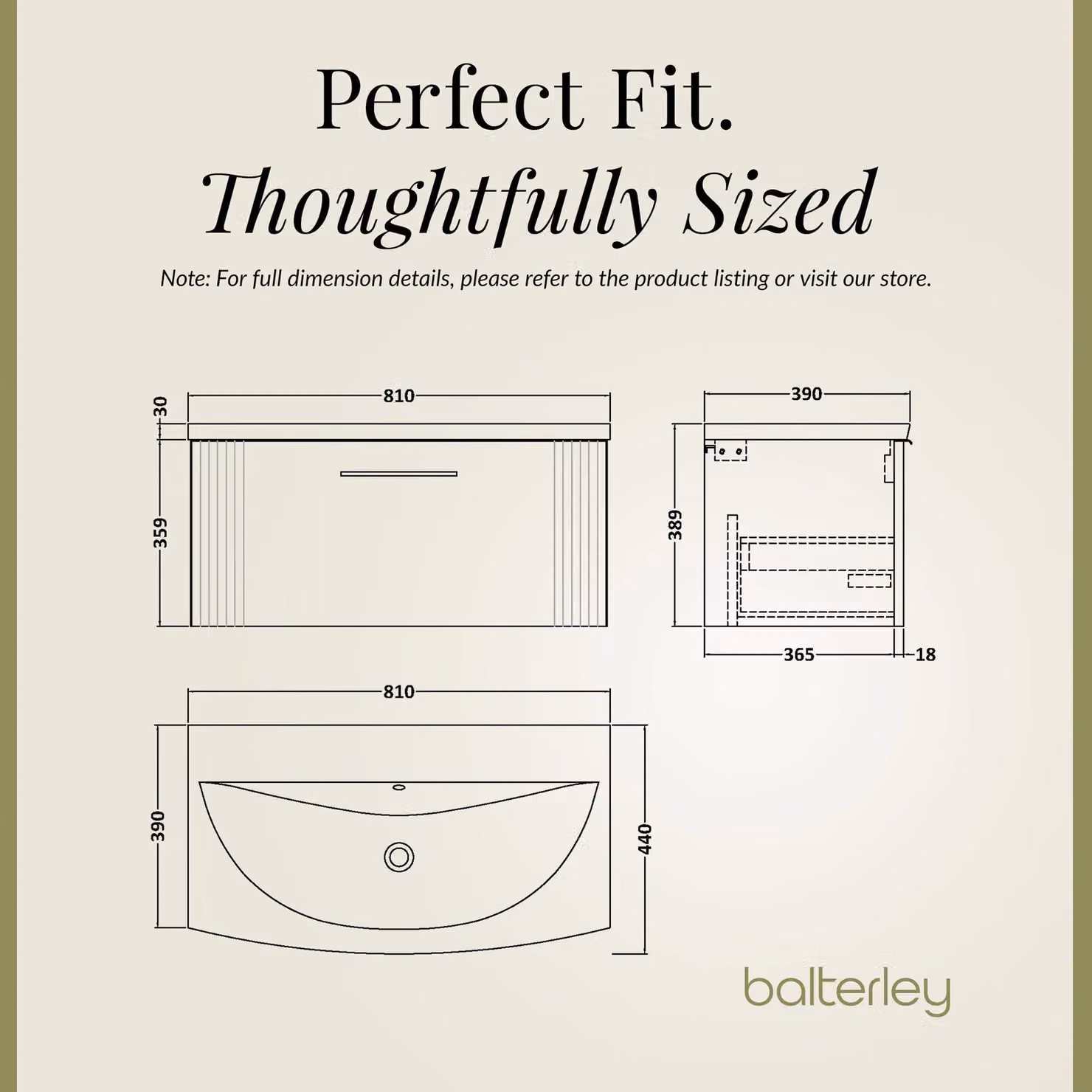 Balterley Wall Hung 1 Drawer Vanity Unit with Curved Basin, Satin Grey, Width: 80 cm – 3