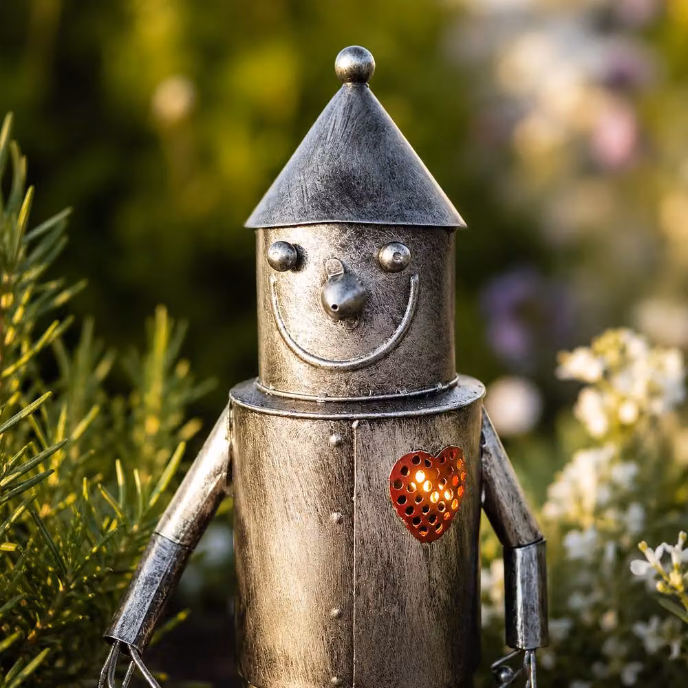 Marco Paul Solar Tin Man Garden Ornament with LED Heart in Metallic Silver – 6