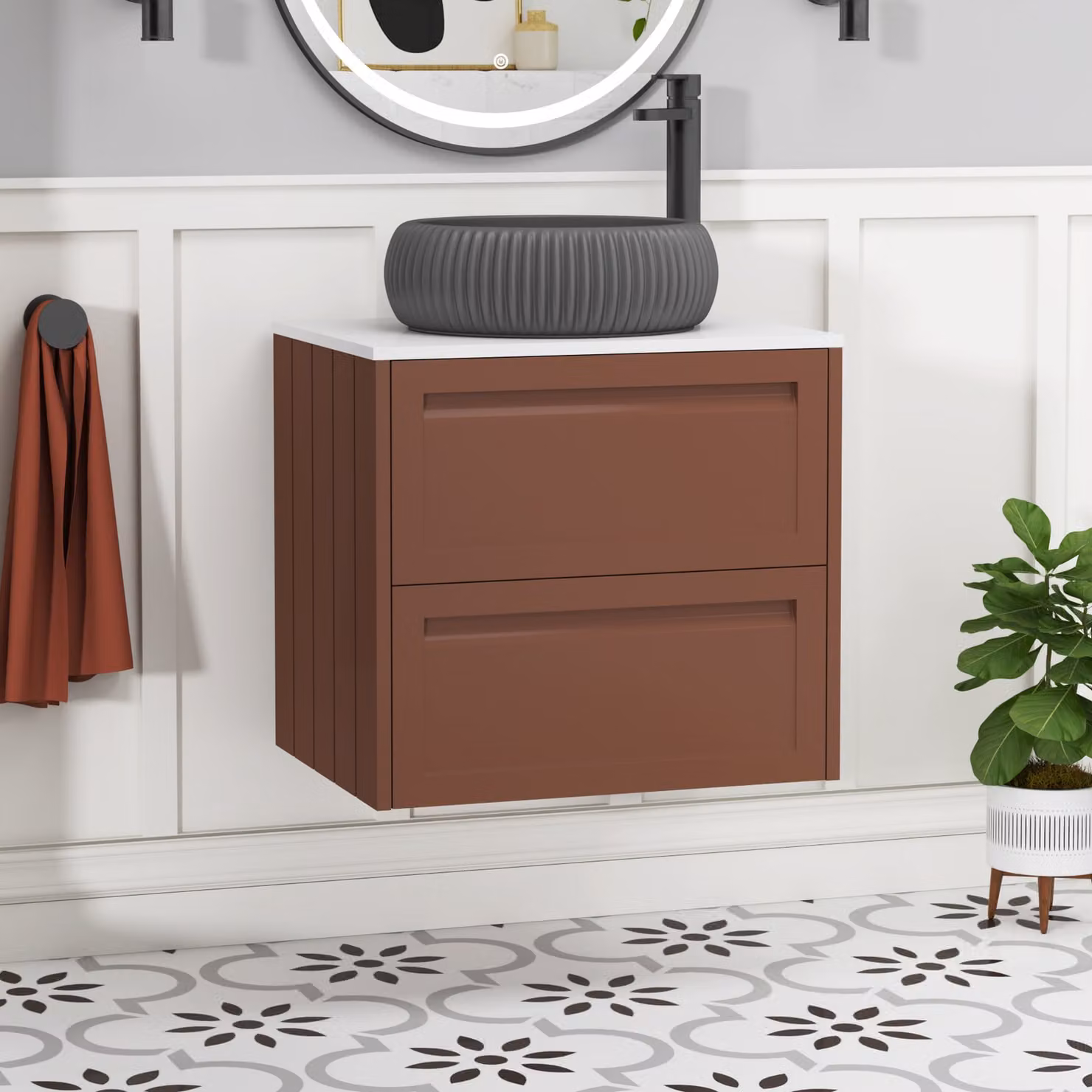 Royal Bathrooms Elmore 600mm Wall Hung Vanity Unit in Terracotta with 2 Drawers, Plain White Worktop and Milan Black Basin
