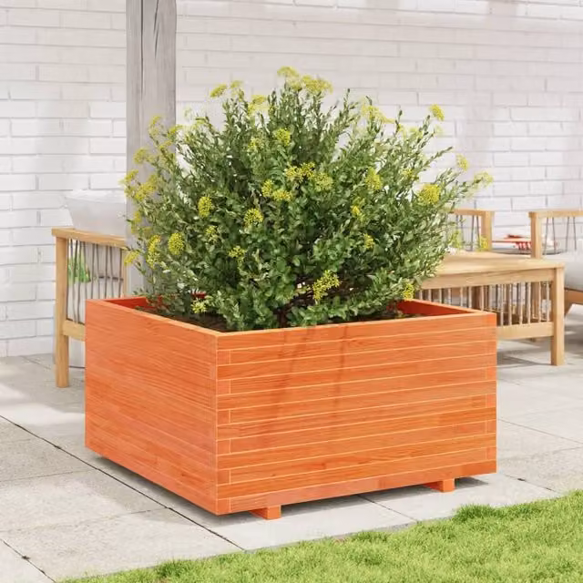 Berkfield Home Beautiful Garden Planter Tub in Brown Solid Wood Pine, W: 90 cm, D: 90 cm, H: 49.5 cm – 1