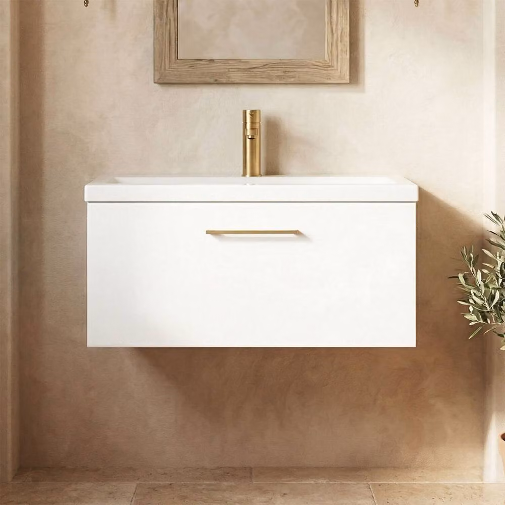 Balterley Gloss White Wall Hung 1 Drawer Vanity Basin Unit with Brass Handle – 5