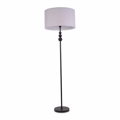 ValueLights Matt Black Stacked Ball Single Stem Standing Floor Lamp with Grey Fabric Drum Shade and Included Bulb – 1