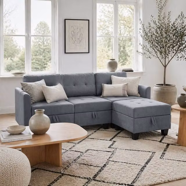 Wyld Haus Vinole Rado Dark Grey Modular L Shaped Sofa with Built In Storage and Reversible Fabric Upholstery