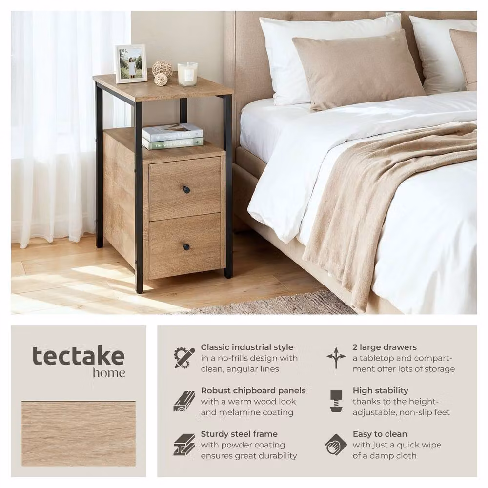 tectake Tullamore Bedside Table with 2 Shelves and 2 Drawers in Light Oak – 2