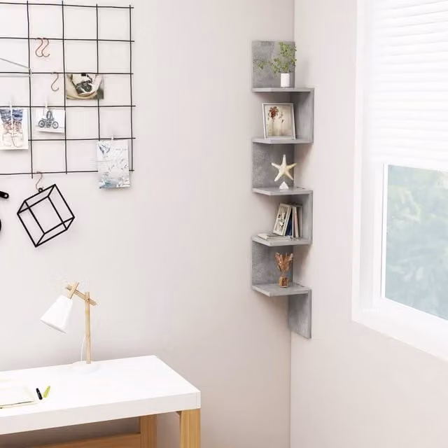 Berkfield Home Wall Mounted Corner Shelf in Concrete Grey, W/D/H: 20 x 20 x 127.5 cm