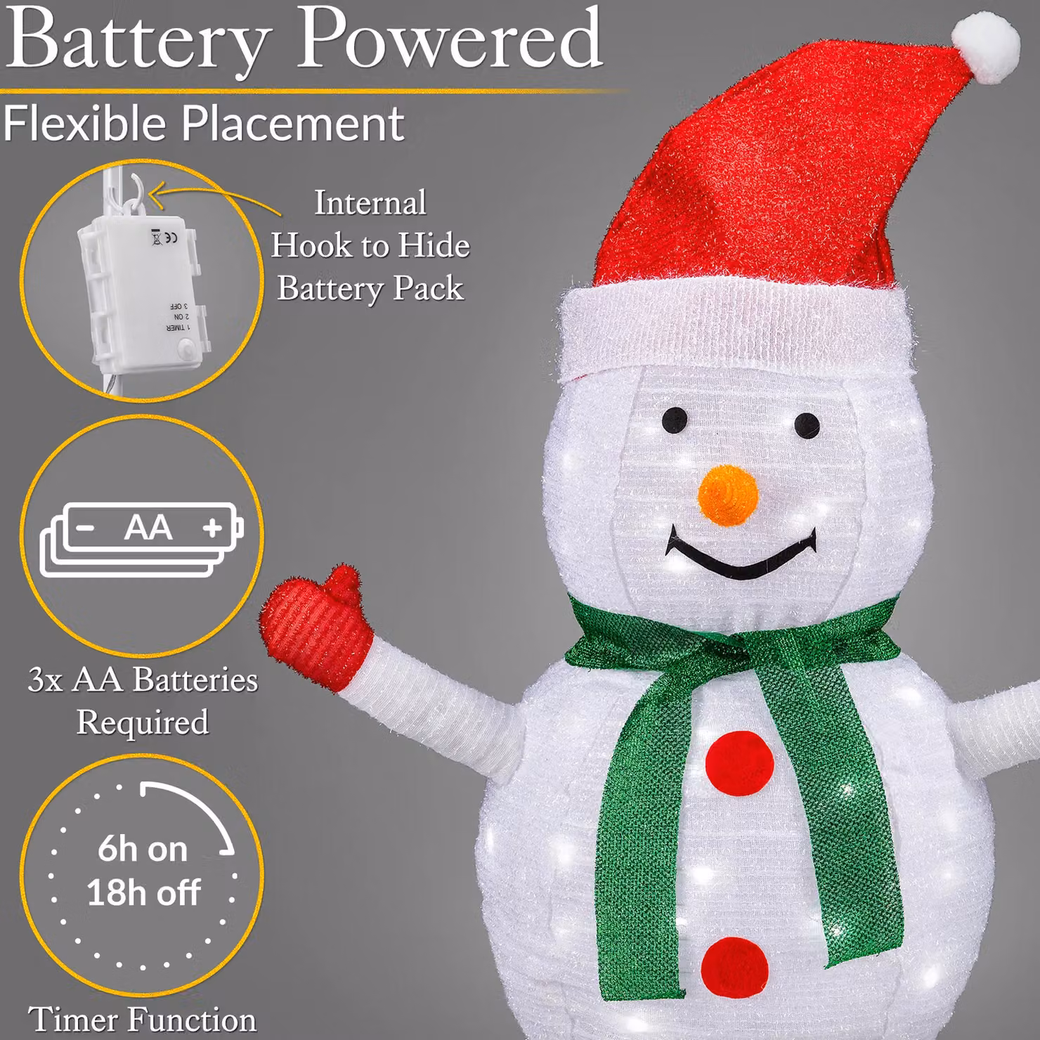 Christow Pop Up LED Christmas Snowman Decoration, White and Multicolour, H: 70 cm, W: 30 cm, D: 30 cm, Battery Operated – 3