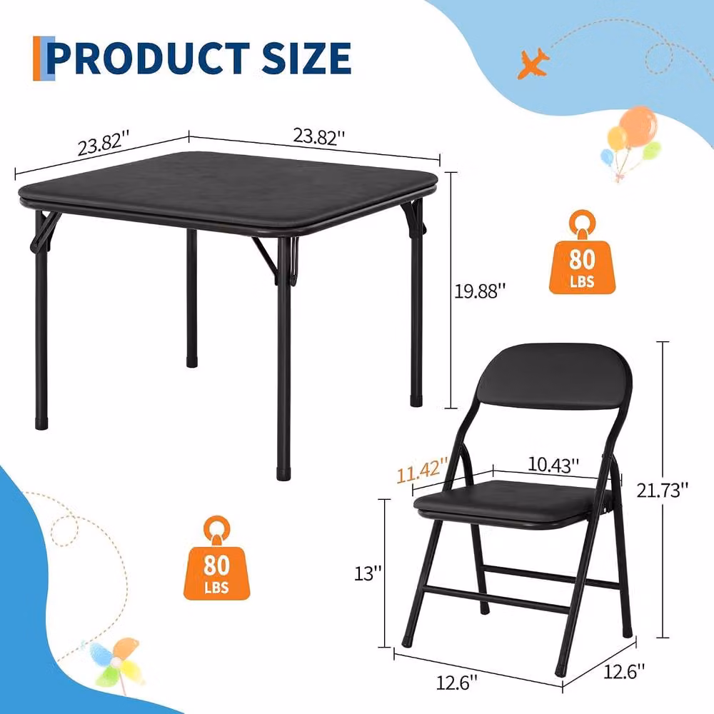 London Boutique 3-Piece Kids Folding Dining Table and 2 Upholstered Chairs Set in Black – 3