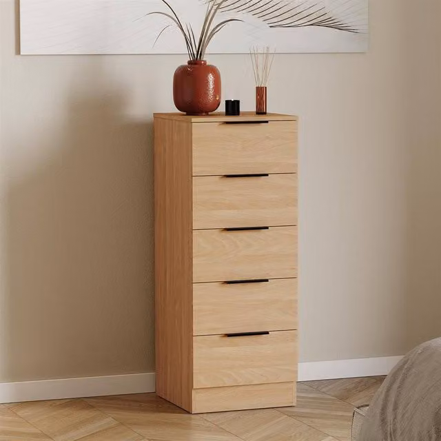 Kelvenix 5 Drawer Narrow Pine Bedroom Chest in Brown