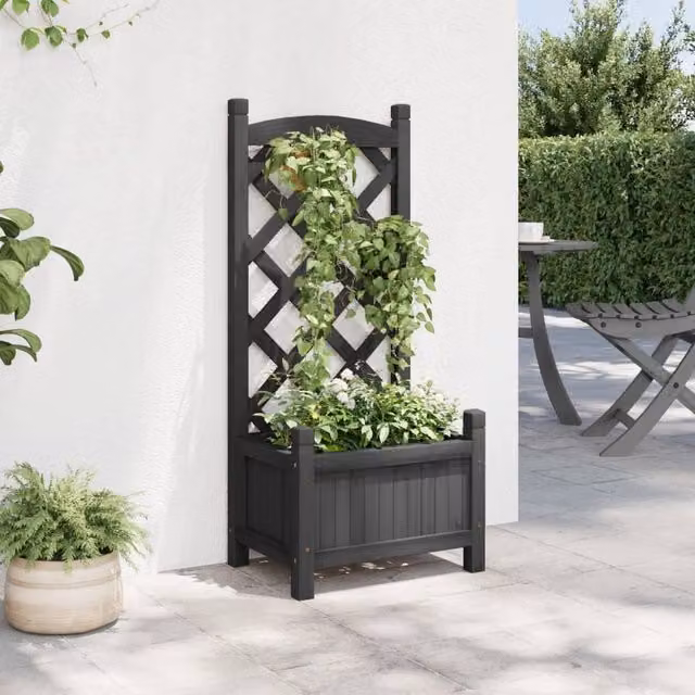 Berkfield Home Black Solid Wood Fir Planter with Trellis W/D/H: 90.0 x 30.0 x 40.0 cm