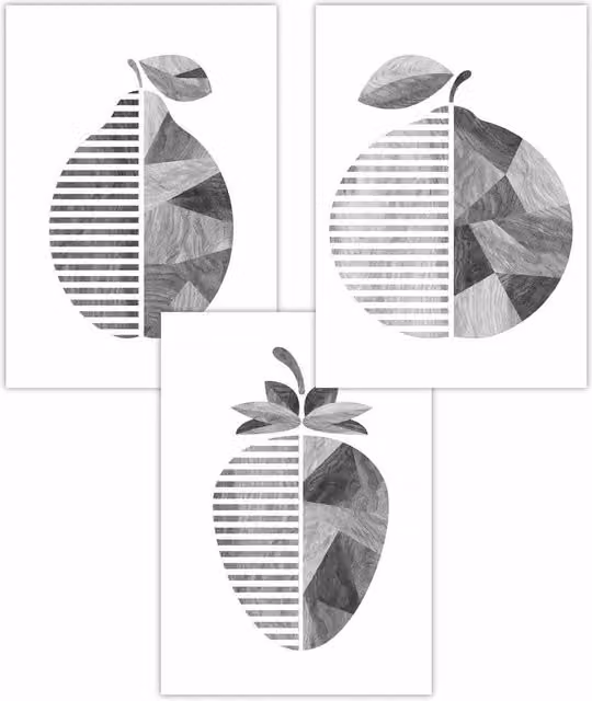 ARTZE Set of 3 Modern Geometric Abstract Fruit Art Paper Posters in Grey, W: 59 cm, H: 84 cm