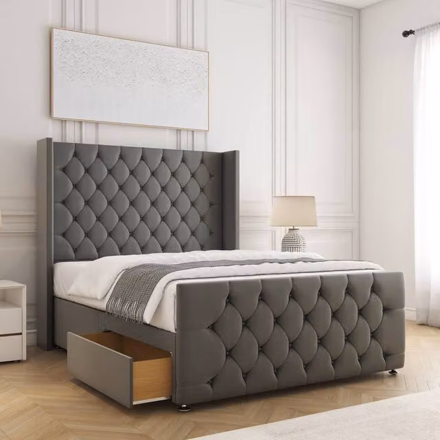 BSSPOKE Florida Small Double Divan Bed with Mattress and 2 Drawers in Grey Velvet