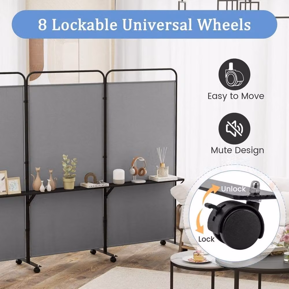 VOGREX Grey 3-Panel Rolling Folding Room Divider, Height: 188 cm – 2