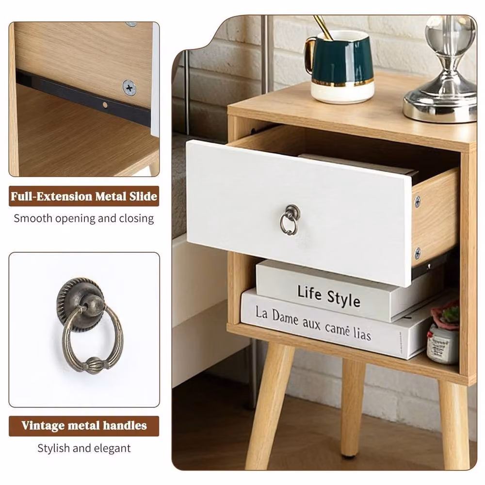 EONLION Modern White Bedside Table Cabinet in Natural Wood Finish – 3