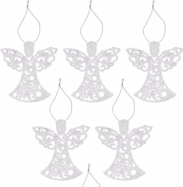 VFM e-Store Silver Glitter Hanging Angel Christmas Tree Ornaments, Pack of 6, H 17.5 x W 10 x D 1.5 cm – 1
