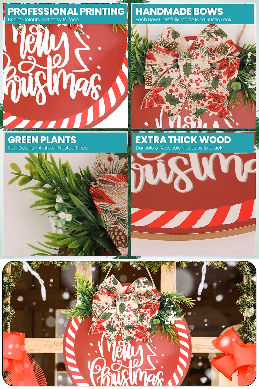 Neel Blue Round Christmas Wall Hanging Sign with Floral Design in Red and White, Diameter: 29.5 cm – 5