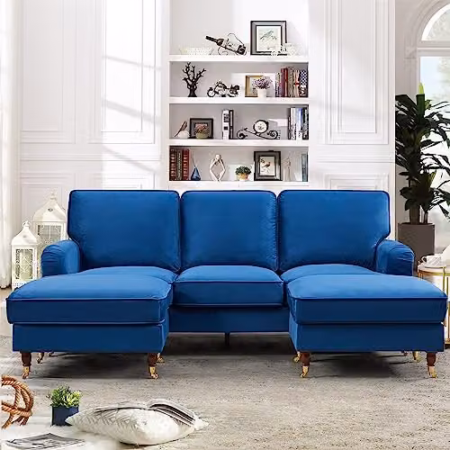 Artemis Home Woodbury U-Shaped Blue Velvet Fabric Corner Sofa with Matching Ottoman, Width: 218 cm