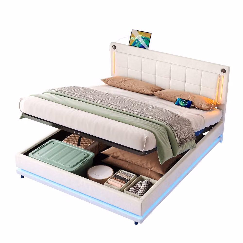 Merax Beige Velvet Ottoman Bed with LED Lighting and USB Charging Station, W/D/H: 180 x 200 cm – 5