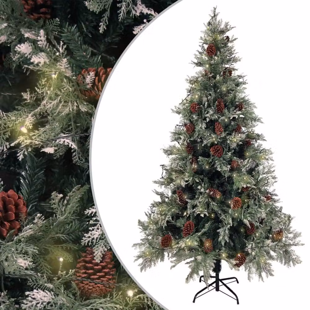 Berkfield Home Pre-lit Christmas Tree with Pine Cones in Green and White, Height: 195 cm – 2