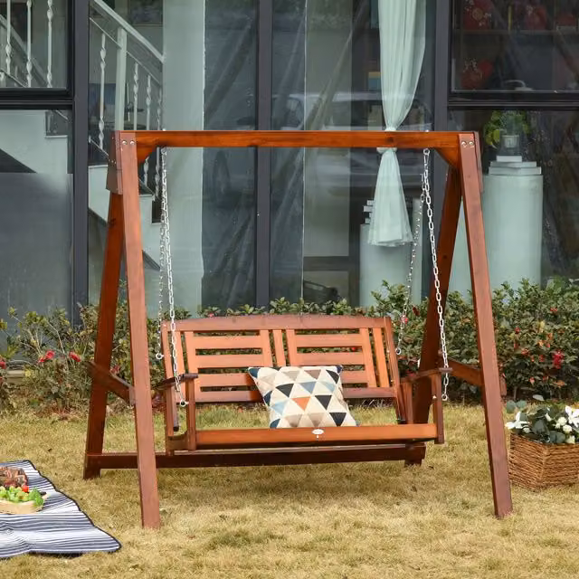 Outsunny 2 Seater Rustic Teak Wooden Outdoor Swing Chair with Cushions in Brown
