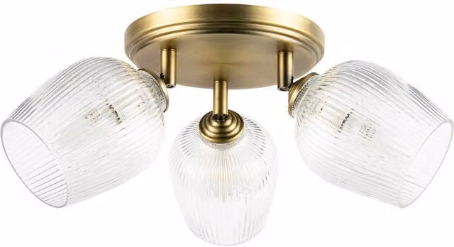 Happy Homewares Antique Brass Triple Spot Ceiling Light with Transparent Glass Shades in Gold/Brass – 1