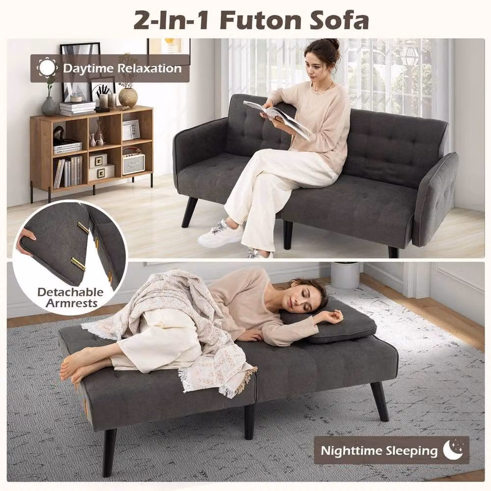 KORVIXA Grey Convertible Futon Sofa Bed with Adjustable Headrests and Solid Wood Frame, 164 cm – 6