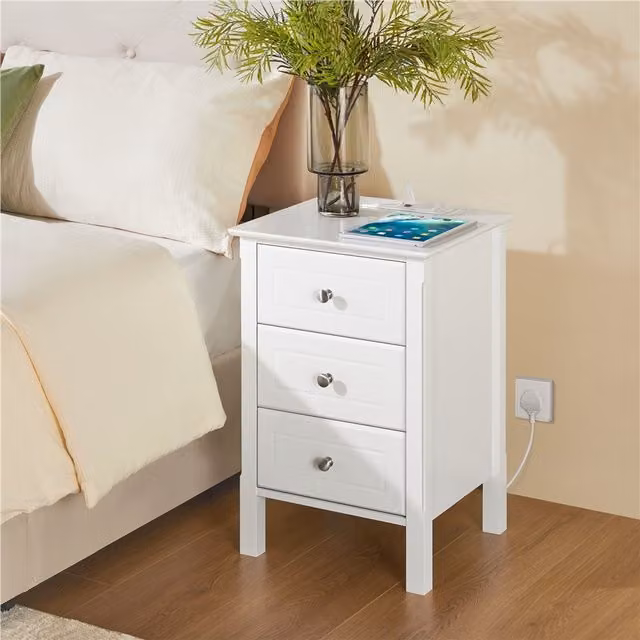Yaheetech White 3 Drawer Nightstand with Charging Station