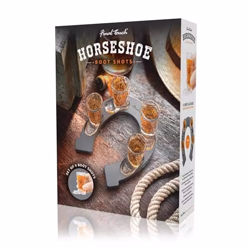 Final Touch Horseshoe Boot Shot Glass Set in Clear, featuring 4 x 1oz Cowboy Boot Glasses and a Horseshoe-Shaped Serving Tray – 6