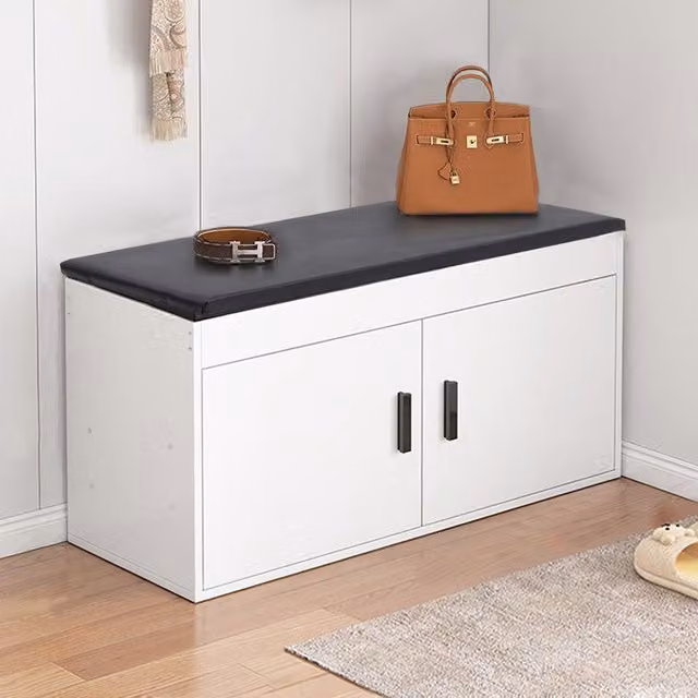 Livingandhome Modern Shoe Storage Bench with Synthetic Leather Padded Seat in White and Black