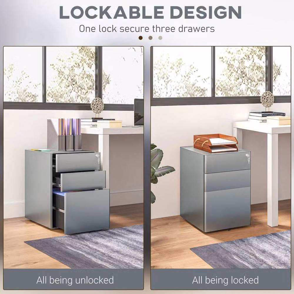 PAWNORA 3 Drawer Metal Filing Cabinet in Grey with Lock and 5 Castors – 4