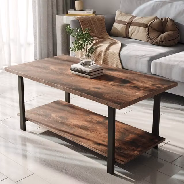 Livingandhome Two-Tier Industrial Wood and Metal Coffee Table in Brown