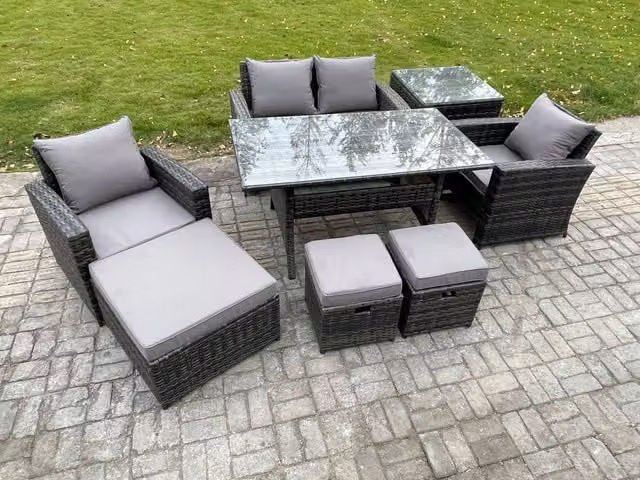 Fimous Dark Grey Rattan Outdoor Garden Furniture Set with Rectangular Glass Dining Table and Lounge Sofa