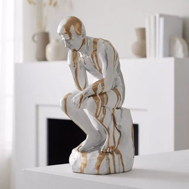 Garden Greatness Abstract Drip Art Thinker Ceramic Tabletop Sculpture in Beige, White and Gold, H: 28.0 cm, W: 17.0 cm, D: 12.0 cm – 1