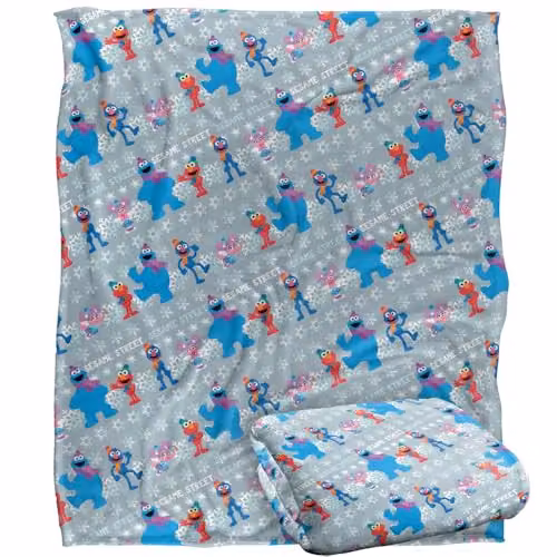 LOGOVISION Sesame Street Holiday Snow Character Pattern Super Soft Fleece Throw Blanket, White and Multicolour, W/D/H: 152 x 127 cm