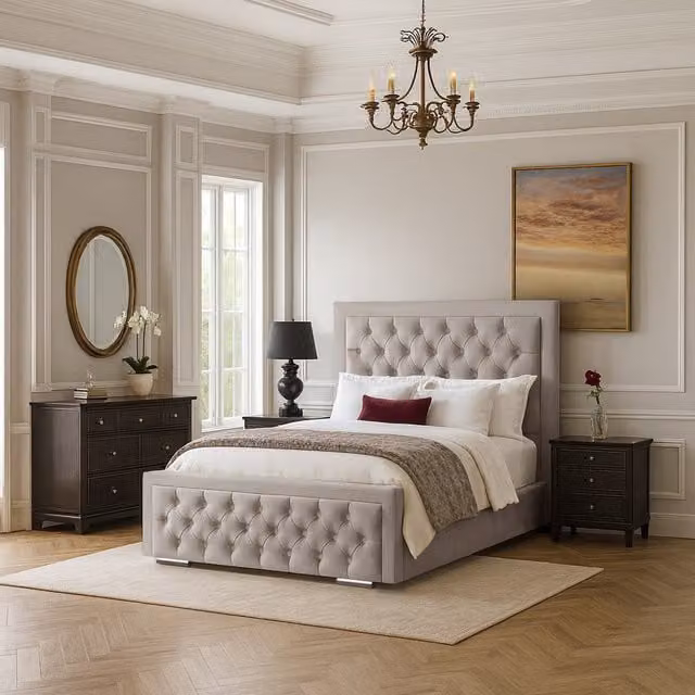 Desire Deco Kinsley Upholstered Velvet Bed Frame in Silver Grey, W: 140 cm, L: 200 cm
