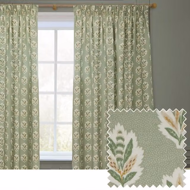 Sanderson Sessile Leaf Printed Room Darkening Pencil Pleat Curtains in Green, Width: 168 cm, Drop: 229 cm