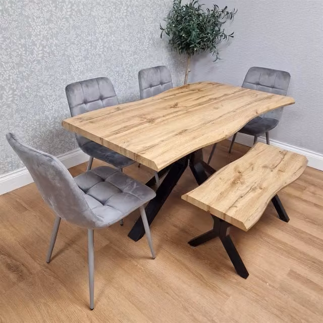 KOSY KOALA Wooden Dining Set with Rectangular Table, Bench and 4 Grey Velvet Chairs in Brown