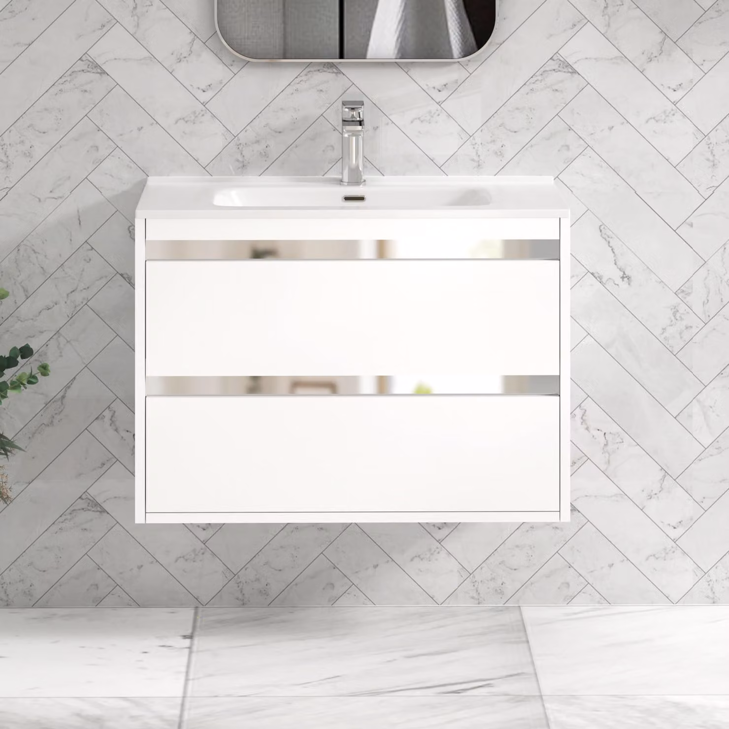 Royal Bathrooms Orion 800mm Wall Hung 2 Drawer Vanity Unit in Matt White with Ceramic Basin and Gold Accent Trim