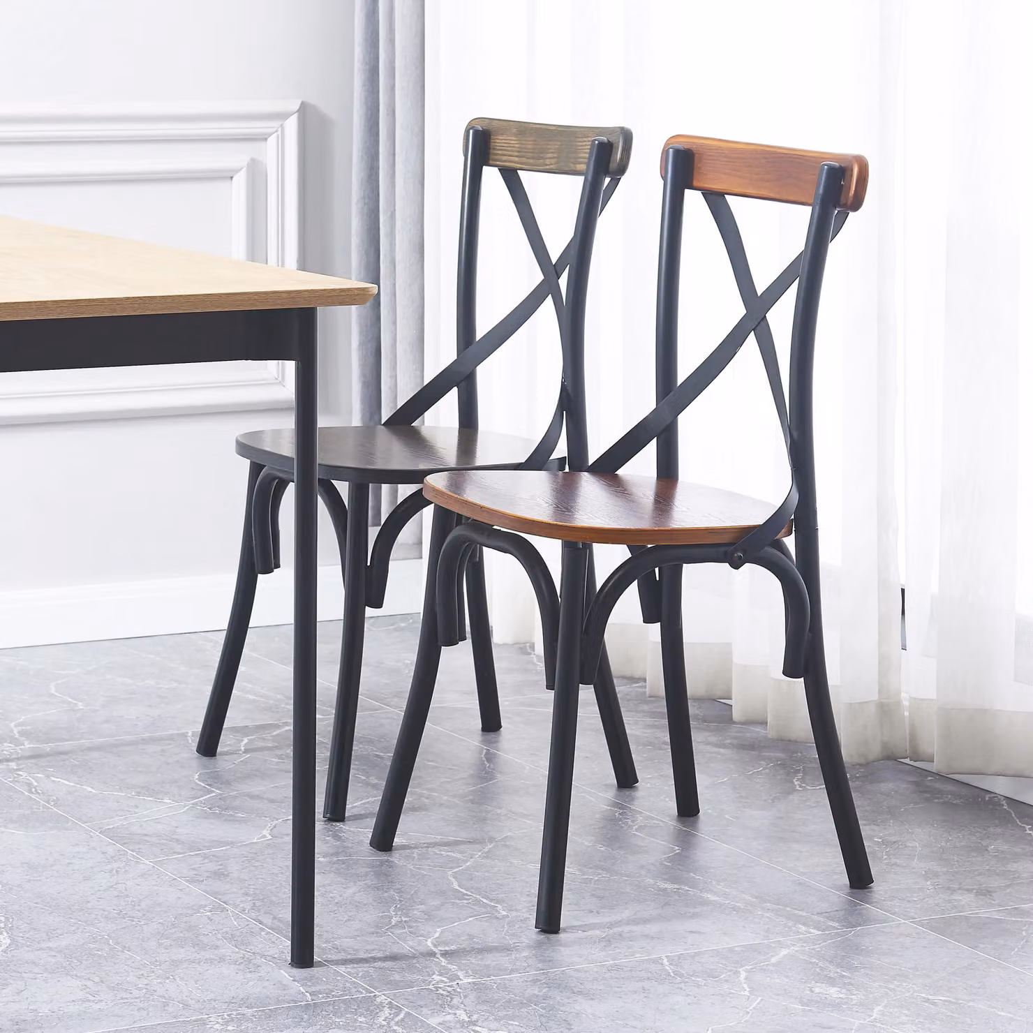 Nordlys Set of 2 Industrial Brown and Black Metal and Wood Dining Chairs – 2
