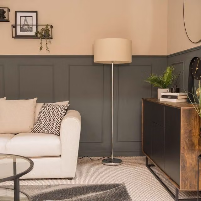 ValueLights Charlie Chrome Floor Lamp with Beige Fabric Shade