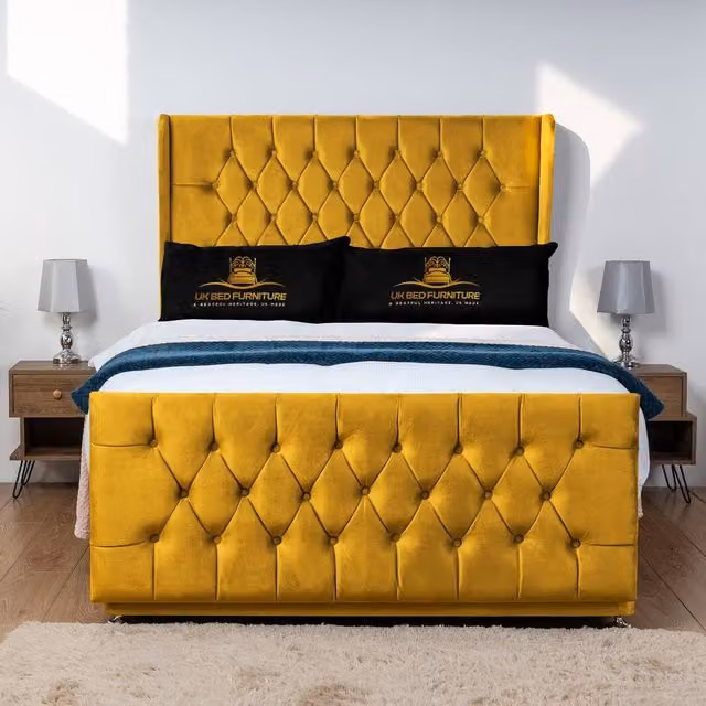 UK Bed Furniture Balamore Wingback Divan Bed Base with 54 Inch Headboard in Mustard Yellow Velvet, W/D/H: 90 x 190 cm, Single Size