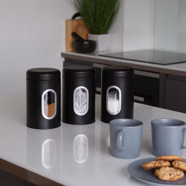 Harbour Housewares Stainless Steel Food Storage Container with Window, Black, Set of 3